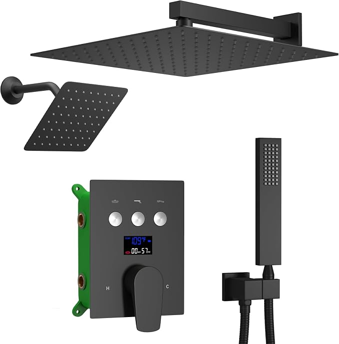 Temperature Display Shower Faucet Set Matte Black Shower System by KATAIS