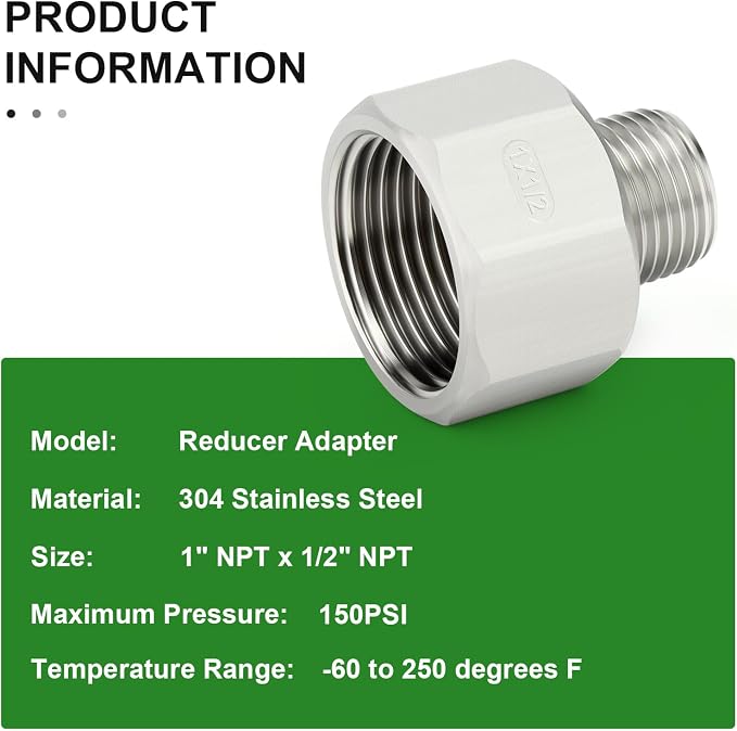 TAISHER 5PCS 304 Stainless Steel Pipe Fitting, 1/2" NPT Male x 1" NPT Female - Image 5