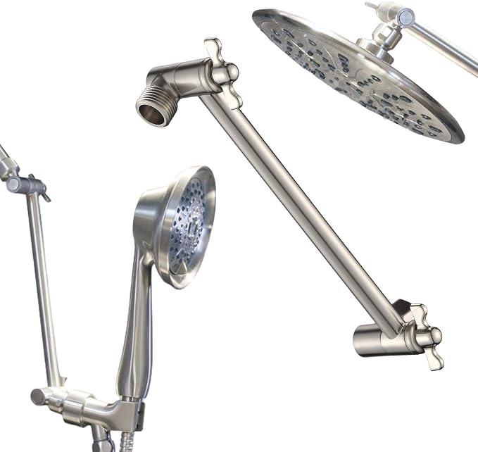 11 Inch Shower Head Extension Arm Brushed Nickel. Solid Brass Adjustable Shower - Image 3