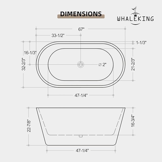 Black 67 inch Freestanding Soaking Bathtub, WHALEKING Modern Stand Alone Free - Image 7