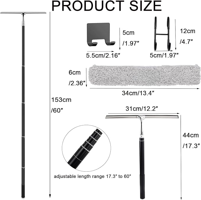 Window Squeegee with Extension Pole, 17.3″-60″ Telescopic Shower Squeegee - Image 2