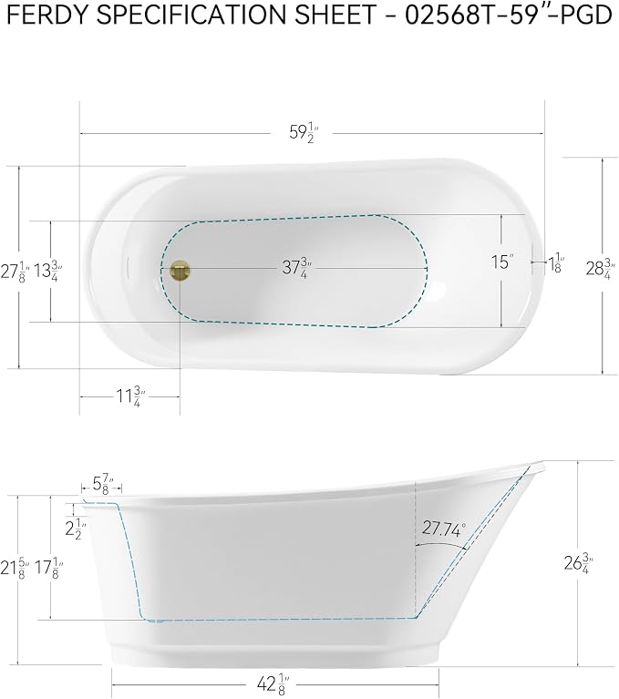 FerdY Langkawi 59" Acrylic Freestanding Bathtub, cUPC Certified, Polished Gold - Image 6