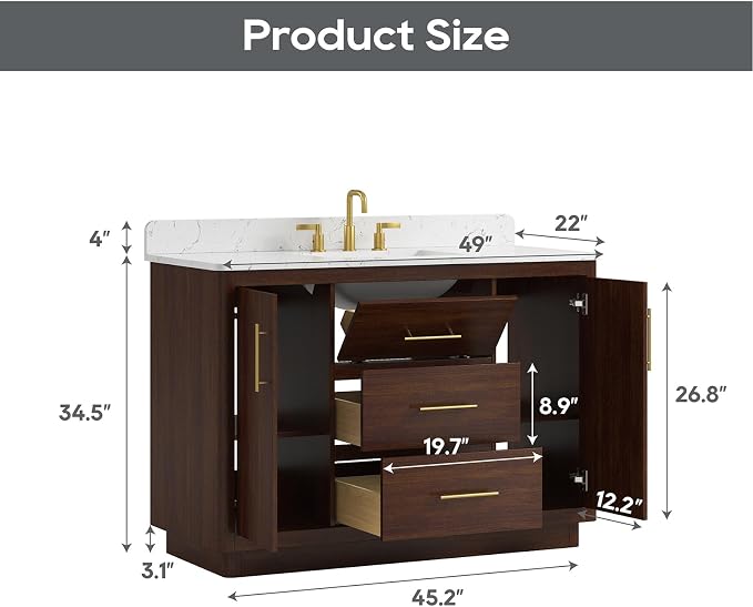 48 Inch Bathroom Vanity with Sink, Solid Wood Frame with Engineered Marble - Image 2