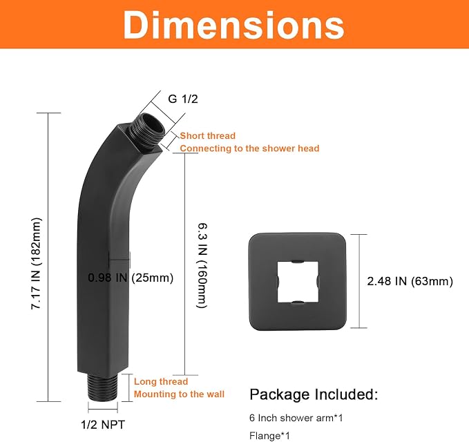 HarJue Shower Arm with Flange and Teflon Tape, Wall Mounted Square Shower Pipe - Image 2