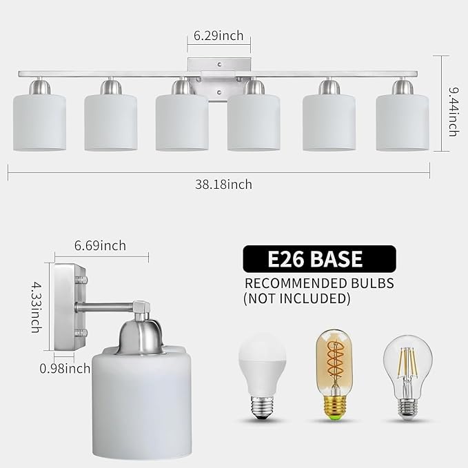 Brushed Nickel Vanity Light for Large Mirror, 6 Light Bathroom Lighting - Image 2