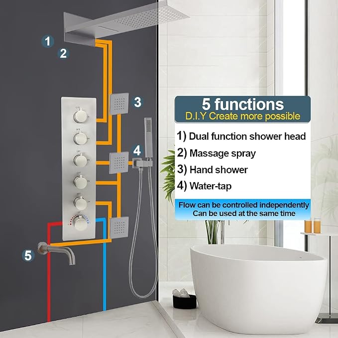 HOMEDEC 5-Function Brass Thermostatic Shower Valve Kit Can Run at Same Time - Image 2