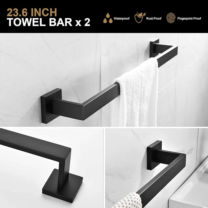 5-Piece Bathroom Hardware Set Matte Black, Lava Odoro Towel Bar Set Stainless - Image 2