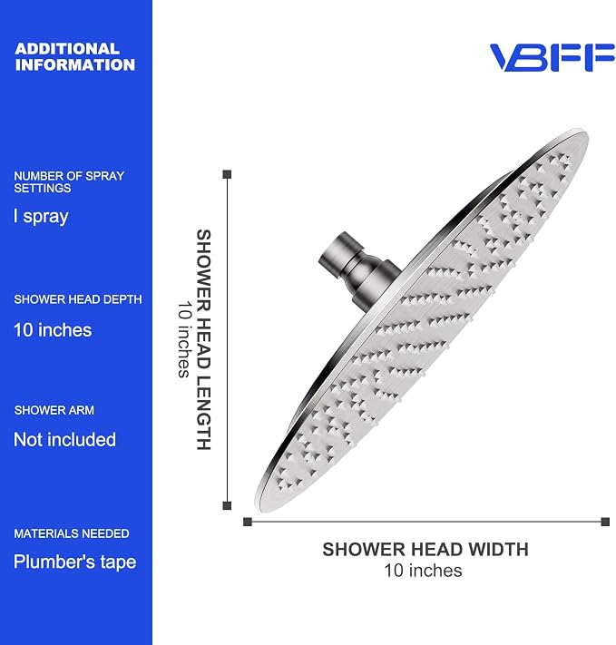VBFF-Shower Head, rain shower head, 10 inch- Round Shower Head, 1.8 GPM Flow - Image 5