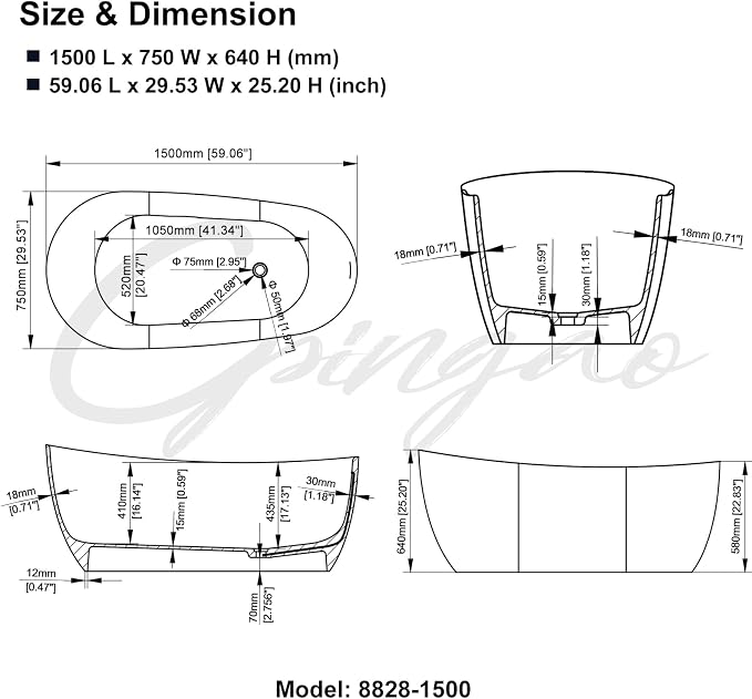 Cpingao 59" Solid Surface Freestanding Bathtub, Contemporary Oval Stone Resin - Image 6