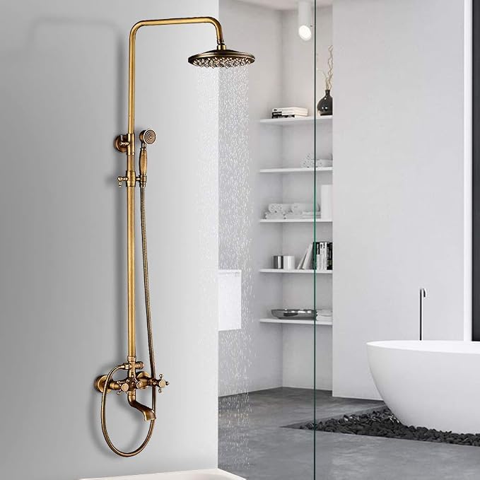 NeierThodore Antique Brass 8-Inch Bathroom Shower Faucet System Rainfall Shower - Image 3