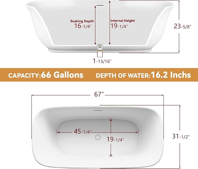 67" Free Standing Tub, Pure Acrylic Freestanding Bathtub, Stylish Stand Alone - Image 7