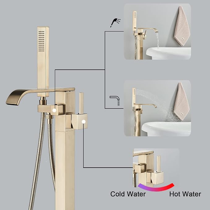 Freestanding Bathtub Faucet Brushed Gold Floor Mount Waterfall Tub Filler High - Image 2