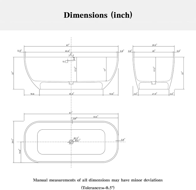67'' Freestanding Bathtub Resin Stone Deep Soaking Tubs Solid Surface Matte Tub - Image 9