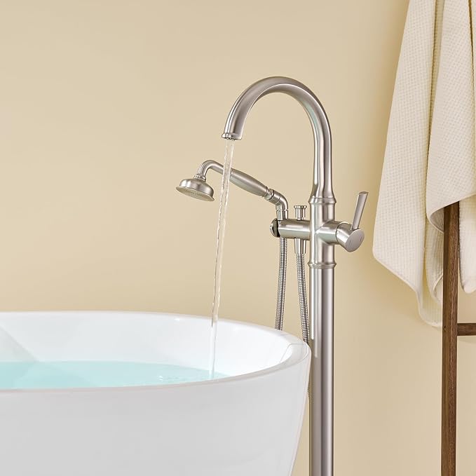 Freestanding Tub Faucet Floor Mount Tub Filler Brushed Nickel Free Standing - Image 6