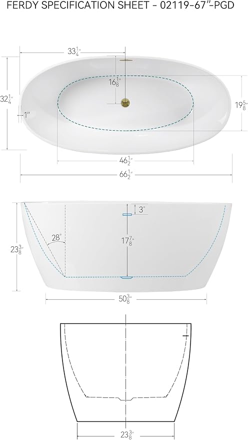 FerdY Tahiti 67" Freestanding Bathtub Elegant Oval Shape, Glossy White Double - Image 7