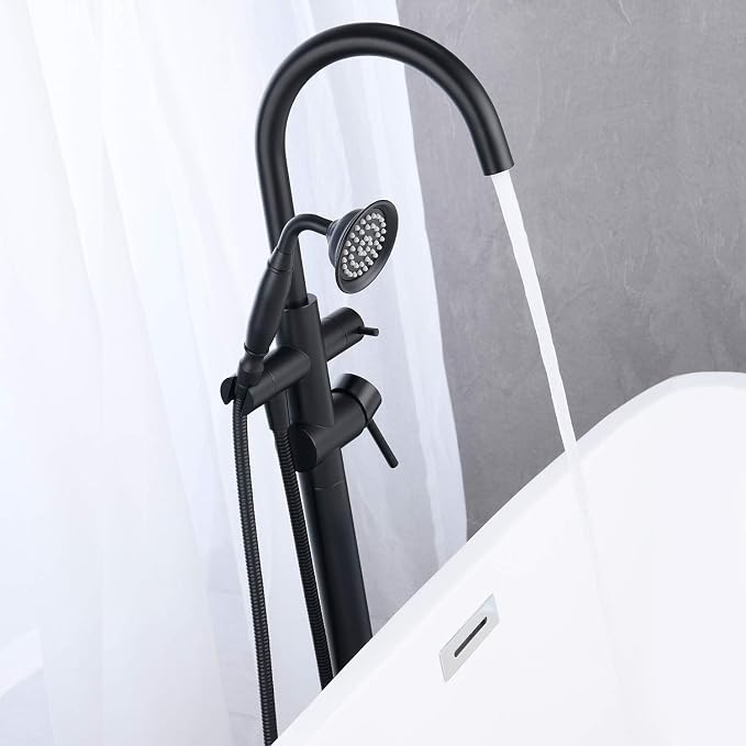 Tub Filler Freestanding Bathtub Faucet Black Floor Mounted Brass Bathroom Tub - Image 4