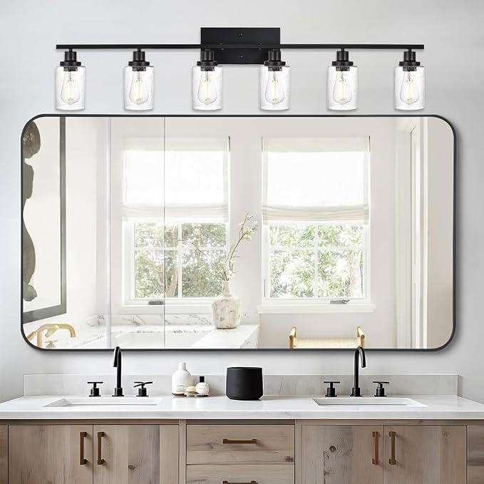 6-Light Seeded Glass Vanity Light Fixtures in Matte Black Finish, 45.3 Inches - Image 6