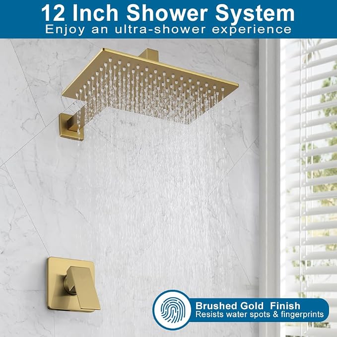POP SANITARYWARE Shower Faucet Set Brushed Gold Bathroom Rainfall 12 Inch - Image 2
