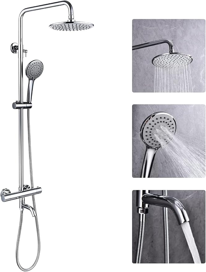 Outdoor Shower Faucet Set 8" Round Shower Head 3 Function Thermostatic Rainfall - Image 5