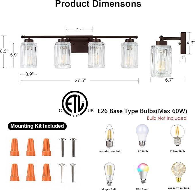 4 Light Bathroom Light Fixtures Modern ORB 28 Inch Vanity Lights - Image 2