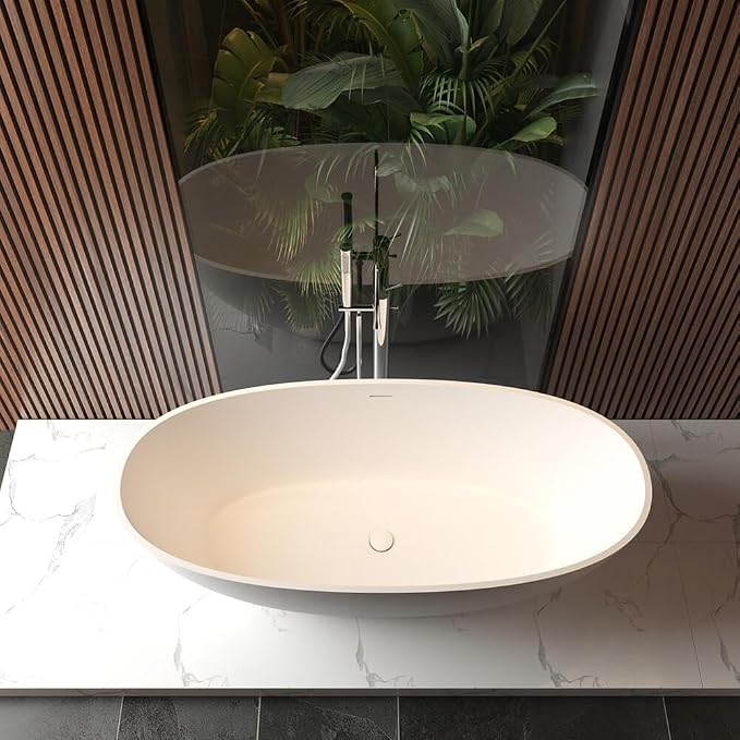 65 in Solid Surface Freestanding Bathtub, Contemporary Oval Shape Soaking Tub - Image 2