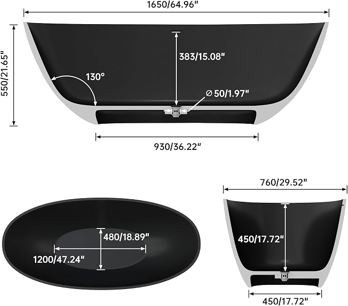 65" Premium Matte Black Solid Surface Freestanding Bath Tub, Oval Stone Resin - Image 4
