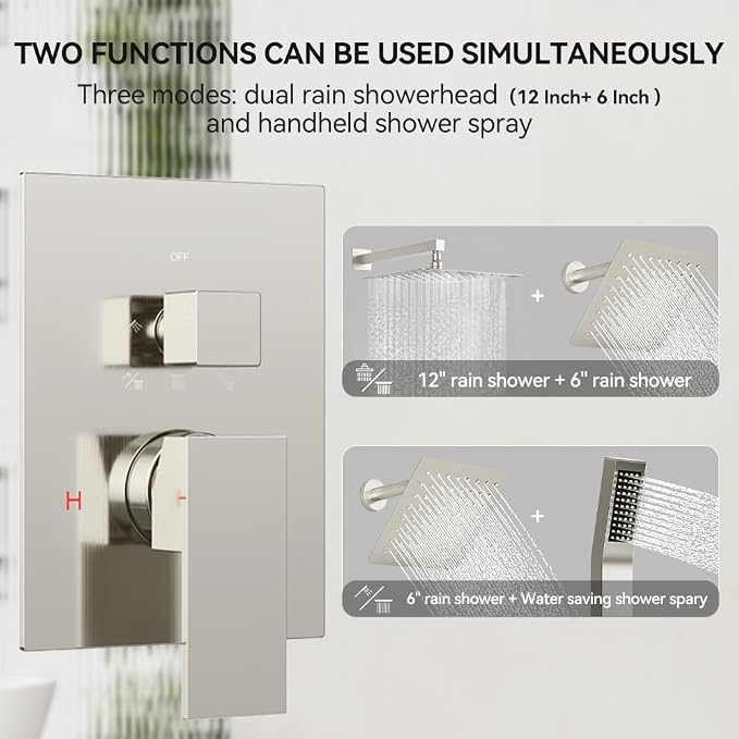 Rain Shower System Brushed Nickel, STARBATH 12+6" Dual Shower Head - Image 2