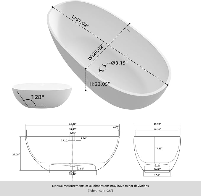 61'' Resin Stone Soaking Bathtub Oval Solid Surface Freestanding Soaking - Image 4