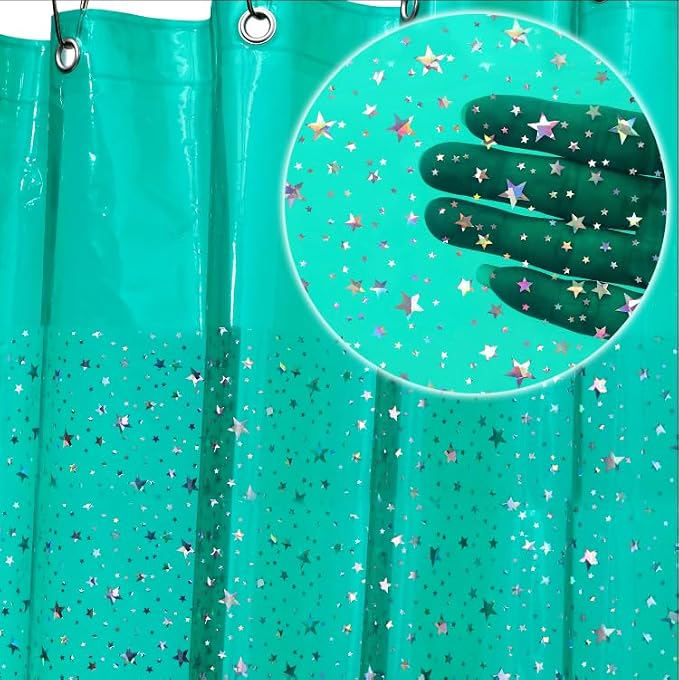 Green Holographic 3D EVA Shower Curtain Liner Glitter Star, 72x72 Premium Light - Image 8