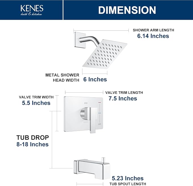 KENES Chrome Tub and Shower Trim Kit, Square Tub Shower Faucet Set Complete - Image 6