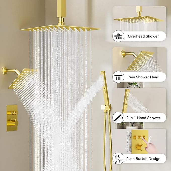 Brushed Gold Shower System, STARBATH Ceiling Mounted 10+6 Inch Rainfall Shower - Image 2