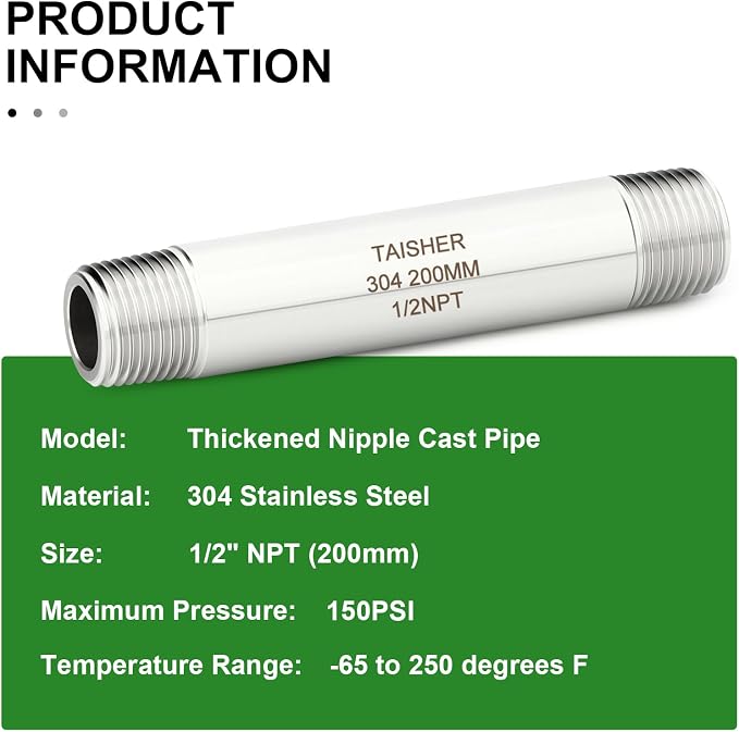 TAISHER 2PCS Stainless Steel Pipe Fittings, 1/2" NPT Male x 1/2" NPT Male - Image 5