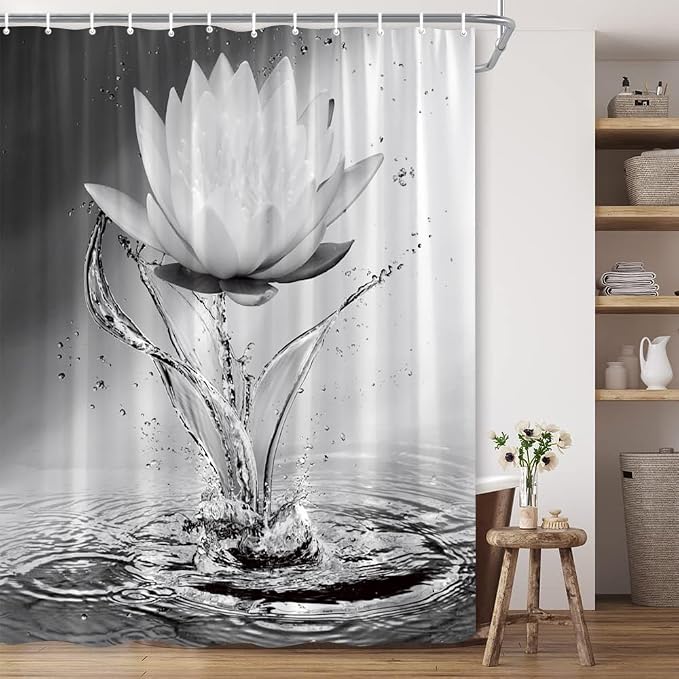 Lotus Shower Curtain Black White Grey Flower Elegant Blooming Floral - Image 2