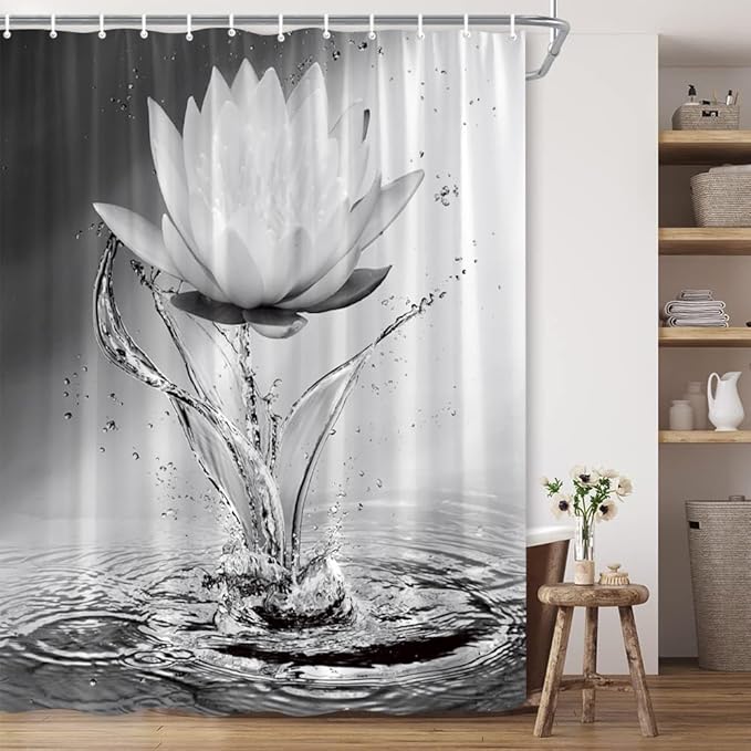 Lotus Shower Curtain Black White Grey Flower Elegant Blooming Floral - Image 2
