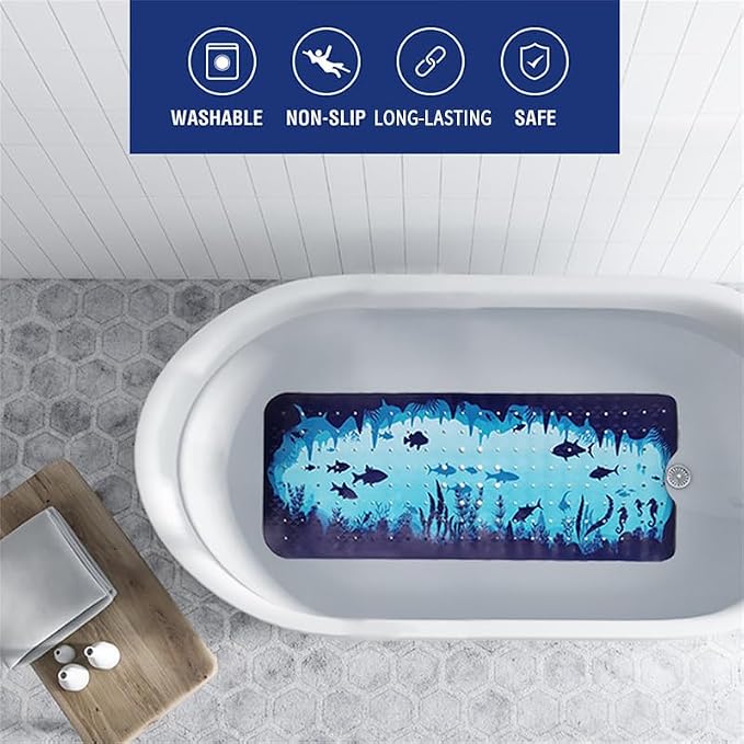 Blue Bathtub Mat Non Slip 40x16in Extra Long Bath Mat - Image 2