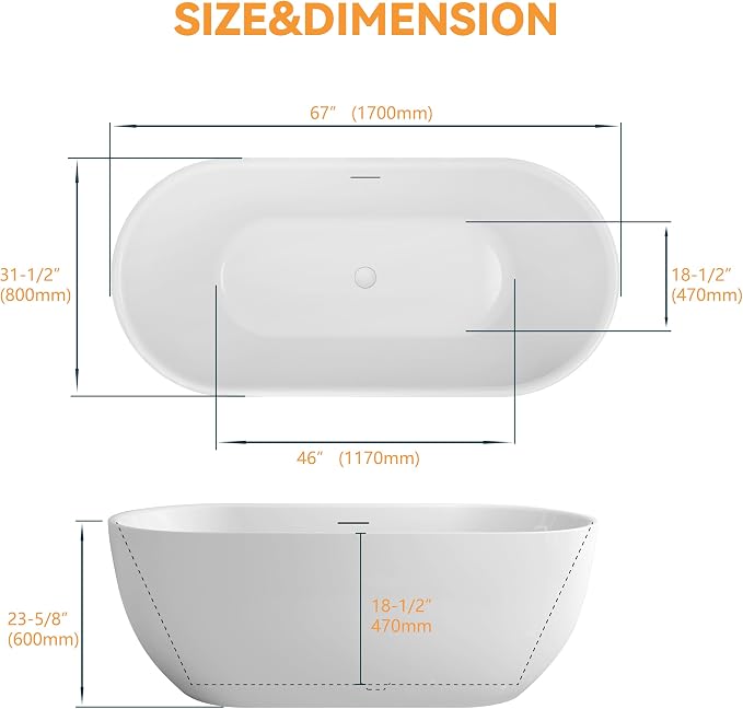 67" Acrylic Freestanding Bathtub, Contemporary Freestanding Tub - Image 8