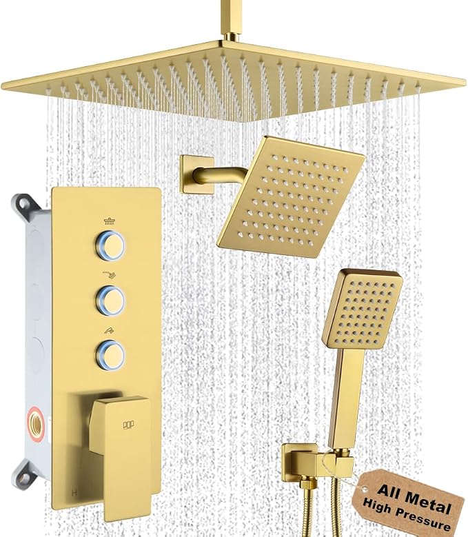 POP SANITARYWARE Shower Faucet Set Brushed Gold Bathroom Rainfall Shower System by POPSANITARYWARE