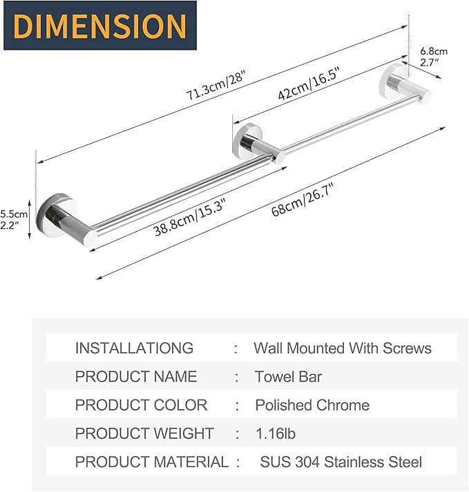 BESy Adjustable 15.9 to 28.6 Inch Single Bath Towel Bar Rack - Image 5