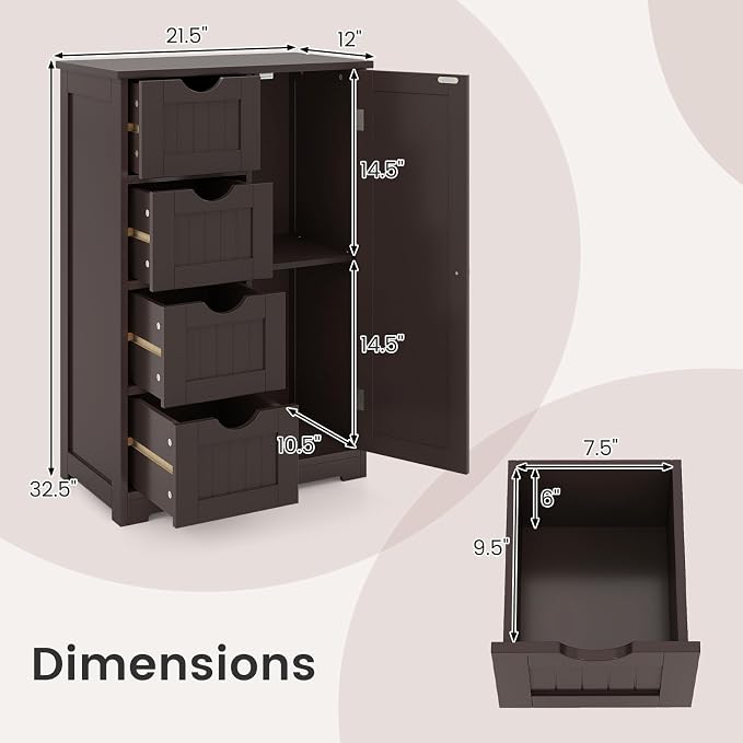 Tangkula Bathroom Floor Cabinet, Freestanding Storage Cabinet - Image 3