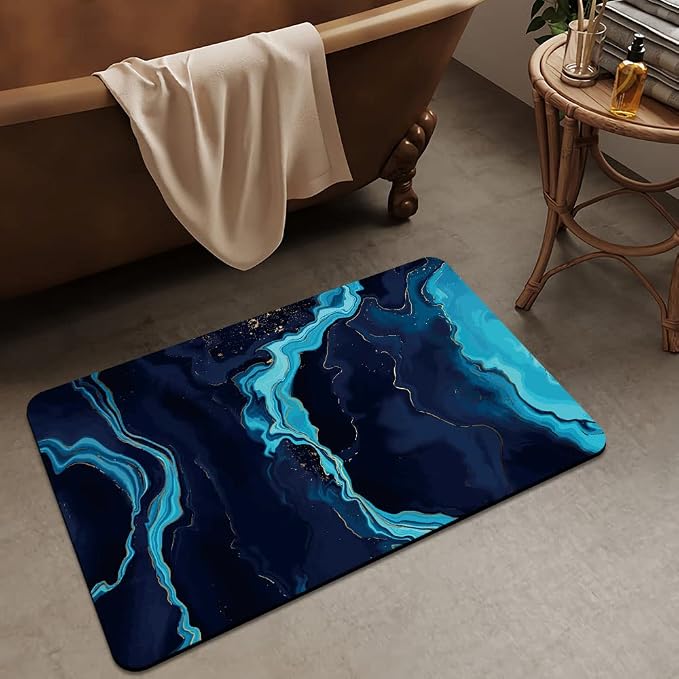 Bath Mat Rug, Deep Blue Gold marbleNon Slip Quick Dry Super Absorbent Thin - Image 3