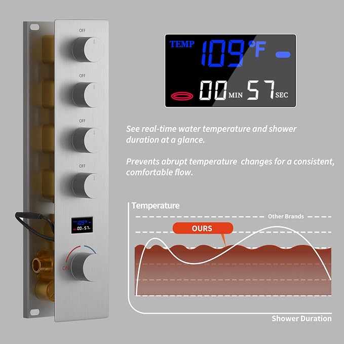 Shower System Brushed Nickel Shower Faucet Set, Digital Tempreature Display - Image 2
