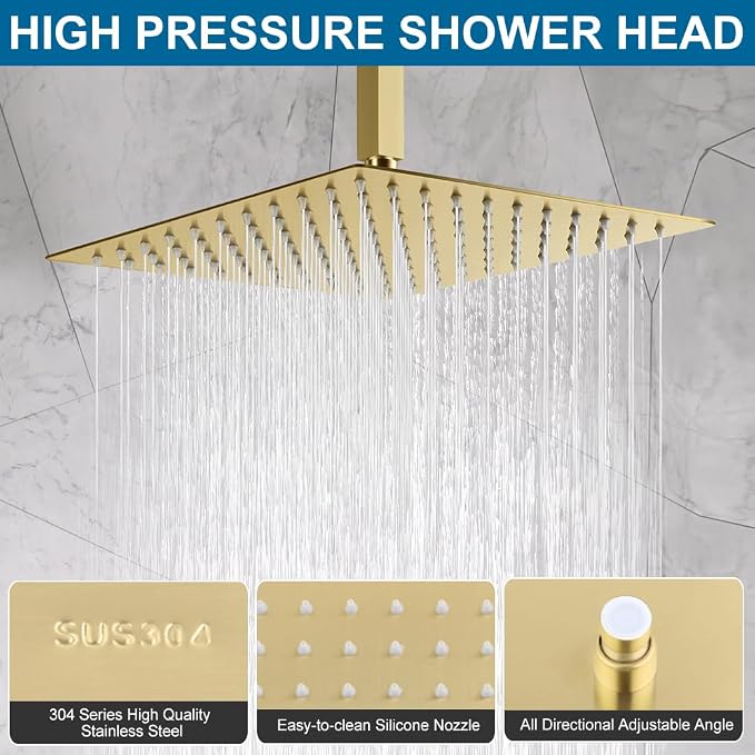 POP SANITARYWARE Ceiling Mount Shower Faucet Set Brushed Gold Bathroom Rainfall - Image 3
