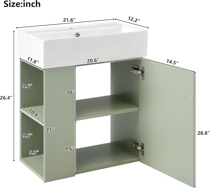 Merax 20" Green Bathroom Vanity, Wall Mounted Floating Vanity - Image 2