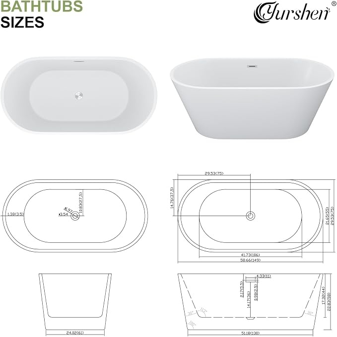 59 Inch Freestanding Acrylic Bathtub White Roll Top Soaking Tub - Image 8