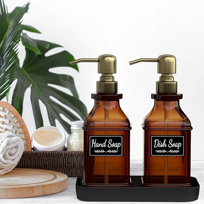 Soap Dispenser - 2 Pack, Antique Design Thick Amber Glass Hand Soap Dispensers - Image 5