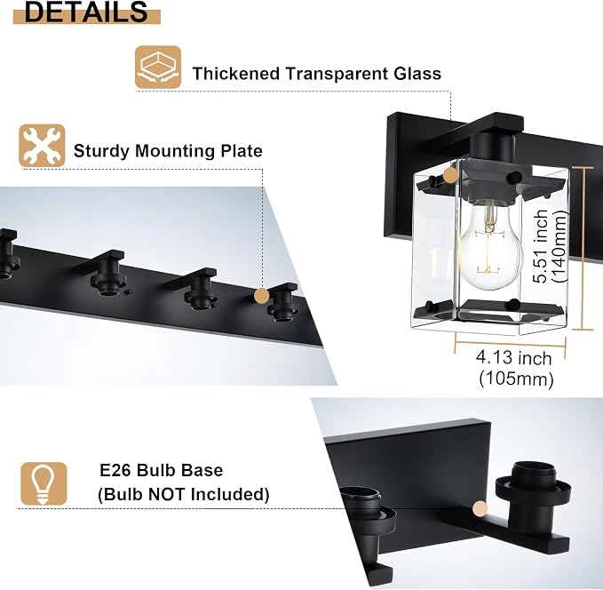 4-Light Bathroom Vanity Light Fixture, Modern Black Wall Lighting Over Mirror - Image 7