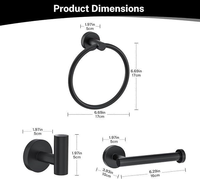 4-Piece Matte Black Bathroom Hardware Accessories Set, Robe Hooks, Stainless - Image 6