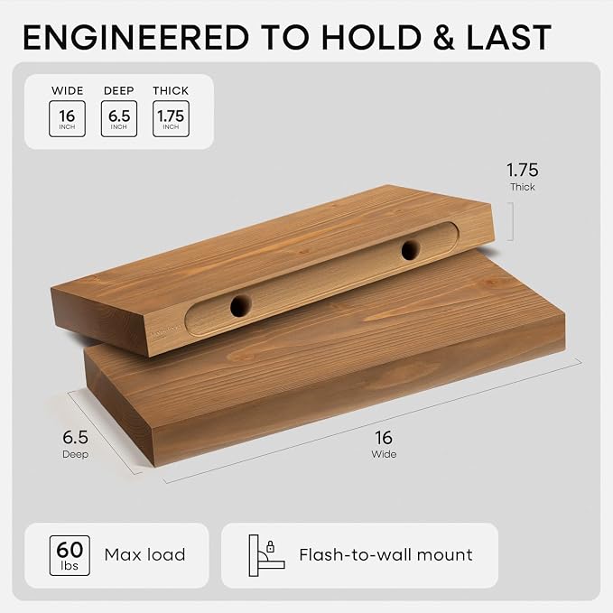 Homeforia 16 inch Golden Oak Floating Shelf, High End Solid Real Wood 16inch - Image 2