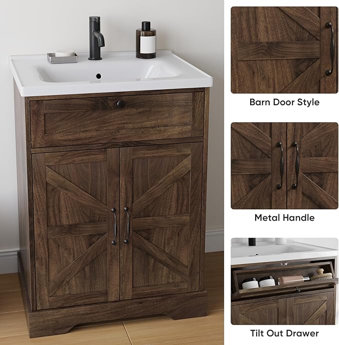 23.62" Bathroom Vanity with Ceramic Sink, Farmhouse Bathroom Vanity Cabinet - Image 3