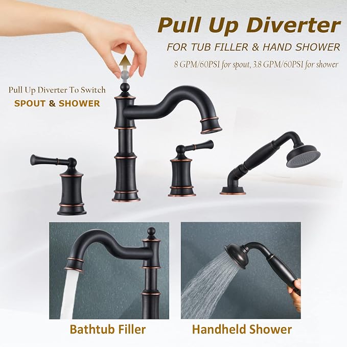 Roman Bathtub Faucet Set With Hand Shower 4 Hole Deck Mount Tub Filler With - Image 3